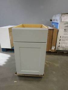 lot 689 image: Hampton Bay Shaker 18 in. W x 24 in. D x 34.5 in. H Assembled Base Kitchen Cabinet in Dove Gray with Ball-Bearing Drawer Glides (DRAWER IS DAMAGED, DRAWER GLIDE ATTACHMENT IS LOOSE)
