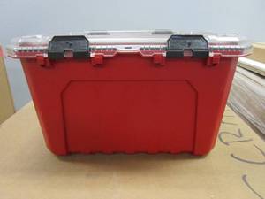 lot 699 image: Husky 20-Gal. Professional Duty Waterproof Storage Container with Hinged Lid in Red