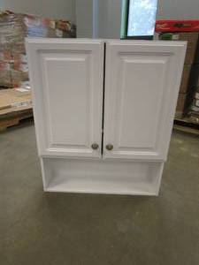 lot 700 image: Glacier Bay 23-18 in. W x 27-78 in. H Framed Surface-Mount Bathroom Medicine Cabinet in White (MISSING SHELF PEGS, CORNER DAMAGE, BACK IS CRACKED, SEE PHOTOS)