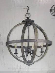 lot 750 image: Progress Lighting Keowee Collection 19.88 in. 4-Light Artisan Iron Orb Chandelier with Elm Wood Accents