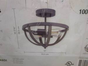 lot 753 image: Home Decorators Collection Keowee 13 in. 2-Light Artisan Iron Semi-Flush Mount with Distressed Elm Wood Accents