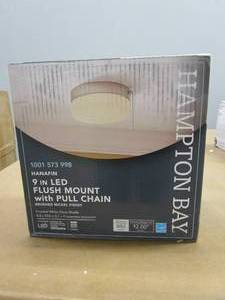 lot 759 image: Hampton Bay Hanafin 9 in. 100-Watt Equivalent Brushed Nickel Selectable Integrated LED Flush Mount with Glass Shade and Pull Chain (OPEN BOX)