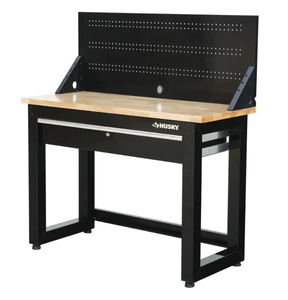 lot 842 image: Husky 4 ft. Solid Wood Top Workbench in Black with Pegboard and 1 Drawer (OPEN BOX)