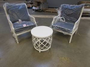 lot 810 image: Home Decorators Collection Shelbourne 3-Piece Aluminum Patio Conversation Set with Acrylic Midnight Blue Cushions (SLIGHT SCRATCHES)