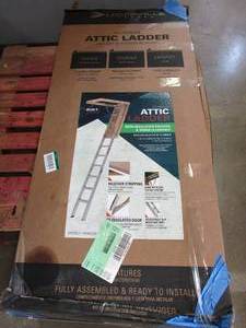 lot 822 image: Louisville Ladder 7 ft. 8 in. to 10 ft. 3 in., 25.5 in. x 54 in. Aluminum Attic Ladder with 375 lbs. Maximum Load Capacity (OPEN BOX)
