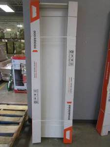 lot 835 image: Krosswood Doors 24 in. x 80 in. Shaker 1-Panel Primed Solid Hybrid Core MDF Right-Hand Single Prehung Interior Door (TRIM IS BROKEN, SCRATCH & DENT)
