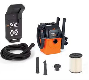 lot 852 image: RIDGID 5 Gallon 5.0 Peak HP Portable Wall-Mountable WetDry Shop Vacuum with Filter, Two Locking Hoses and Accessories