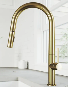 lot 909 image: VIGO Greenwich Single Handle Pull-Down Sprayer Kitchen Faucet in Matte Brushed Gold (OPEN BOX)