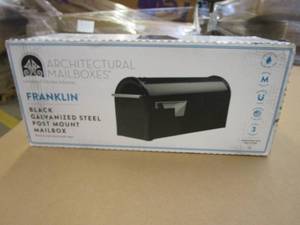 lot 884 image: Architectural Mailboxes Franklin Black, Medium, Steel, Post Mount Mailbox with Satin Nickel Handle (OPEN BOX)