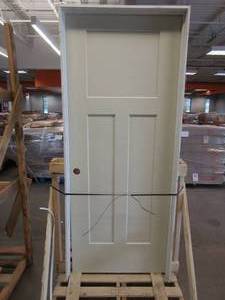 lot 917 image: 32 in x 80 in Pre-Hung 3 Panel Primed Interior Door, Single Bore, RH Swing with Nickel Hinges (SCRATCH & DENT)
