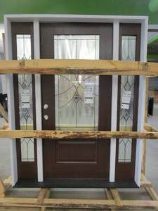 lot 918 image: 64.5 in x 82 in x 6 916 in Two Panel Decorative Glass with 2 Side Lites Entry Door in Espresso RH Swing (SCUFFED, SEE PHOTOS)