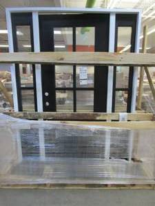 lot 919 image: 64 12 in x 81 in x 4 916 in Clear 6 Lite RHIS Black Stained Wood Prehung Front Door with Double Sidelites (FRAME IS CRACKED, WEATHERSTRIPPING IS LOOSE)