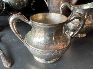 lot 57 image: Vintage Inlaid Silver & Silver on Copper Serveware