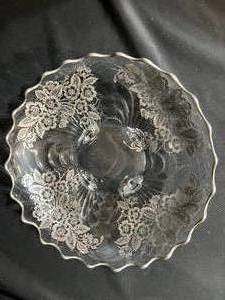 lot 92 image: Vintage Pedestal Ceramic Bowl with Silver Edge & Design