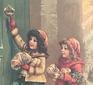 lot 232 image: Two Girls with Gifts and Wreath Vintage Print by Frances Brundage
