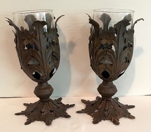 lot 244 image: Raymond Waites Decorative Vessel and 2 Metal Based Candleholders with Glass Inserts