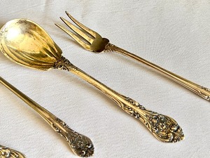 lot 11B image: Vintage Gorham King Edward Sterling Silver Ladle, Sauce Spoon, Sugar Spoon and Relish Fork