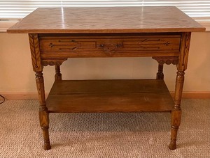 lot 257 image: Vintage Wooden Table with Ornate Details and Drawer