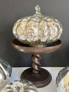 lot 95 image: Decorative Metallic Glass Pumpkin Figurines and Wooden Pedestal