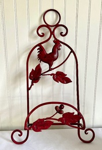 lot 93 image: Two Decorative Metal Rooster Themed Plate Holders and Decorative Hen Canister
