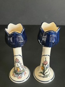 lot 80 image: Pair of Decorative Delft Candle Holders