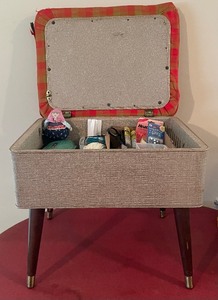 lot 215A image: Vintage Sewing Storage Stool and Many Sewing Notions