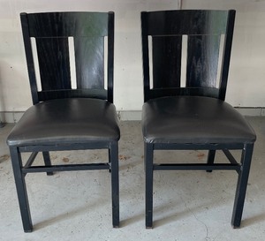 lot 401 image: Pair of Black Metal Chairs with Vinyl Seats and Wooden Backs
