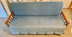lot 197 image: Vintage Wooden Floral Denim Upholstered Sofa