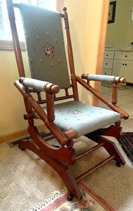 lot 185 image: Vintage Needle Point Detailed Wooden Rocking Chair