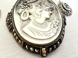 lot 30A image: Sterling, Marcasite and Mother of Pearl Cameo Brooch & Marcasite Earrings