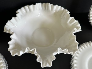 lot 26 image: Set of Eight Vintage Milk Glass Silver Crest Luncheon Plates & Vintage Milk Glass Hobnail Crimped Edge Bowl