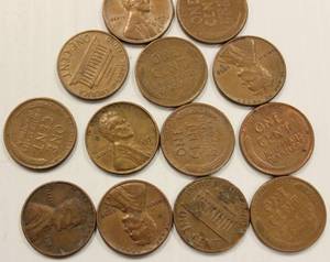 lot 83 image: Wheat Penny Lot Of 14 Pennies 1951, 53, 55. 57. 58, 67 & 69