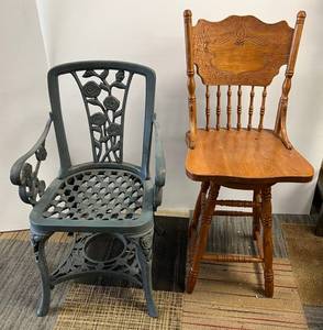 Nice Wood Swivel Chair And One Plastic Garden Chair