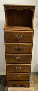 Five Drawer Dresser  57in Tall 18 12in Wide 14in Deep.  Scuffs Scratches Present