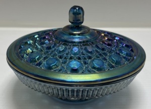 Vintage Indiana Carnival Glass Candy Dish In Iridescent Blue Federal Windsor Pattern