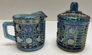 Vintage Indiana Carnival Glass Sugar Bowl And Creamer In Iridescent Blue Federal Windsor Pattern