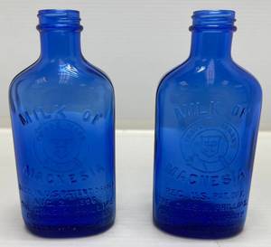 Two Vintage Milk Of Magnesia Chas. H. Phillips Chemical Co. Blue Glass Bottles