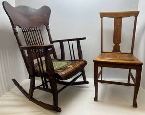 Two Vintage Wood Chairs Including 1 Rocking Chair