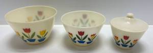 Vintage Fire King Tulip Flower Mixing Bowls And Grease Jar With Lid