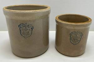Two Misc. Sized Acorn Wares UHL Pottery Co. Stoneware Crocks 1 6 x 6 1 7 78 x 7 34 Crazing Pattern Throughout