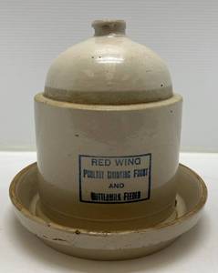 Antique Red Wing Poultry Drinking Fount And Buttermilk Feeder Top And Bottom (Bottom Hard To Find) With Hairline Crack