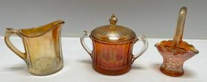 Group Of Misc. Vintage Carnival Glass Items Including Dugan Tree Of Life Basket, Creamer, And Sugar Dish (Marigold)