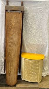 Vintage Wooden Folding Ironing Board And Wicker Clothes Hamper