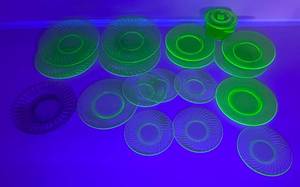 Large Group Of Misc. Vintage Green Vaseline Uranium Glass Swirl Pattern Items Including Plates And Covered Bowl
