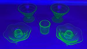 Group Of Vintage Green Vaseline Uranium Glass Including Candle Holders And More