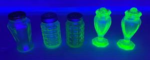 Group Of Vintage Green Vaseline Uranium Glass Salt And Pepper Shakers