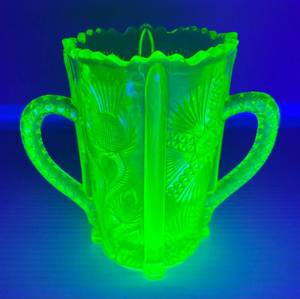 Vintage Ornate Yellow Vaseline Uranium Glass Two Handled Pitcher