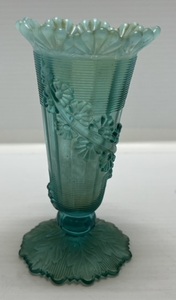 Antique Northwood Blue Opalescent Fluted Scrolls Floral Vine Footed Vase 5 78 x 3