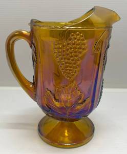 Vintage Indiana Glass Company Iridescent Marigold Amber Footed Harvest Grape Carnival Glass Pitcher