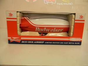 lot 6 image: LIBERTY LIMITED EDITION DIE-CAST METAL BANK WPAD PRINTED GRAPHICS - BUDWEISER KING OF BEERS BLIMP - IN BOX - GREAT PIECE - NICE - SEE PICTURES